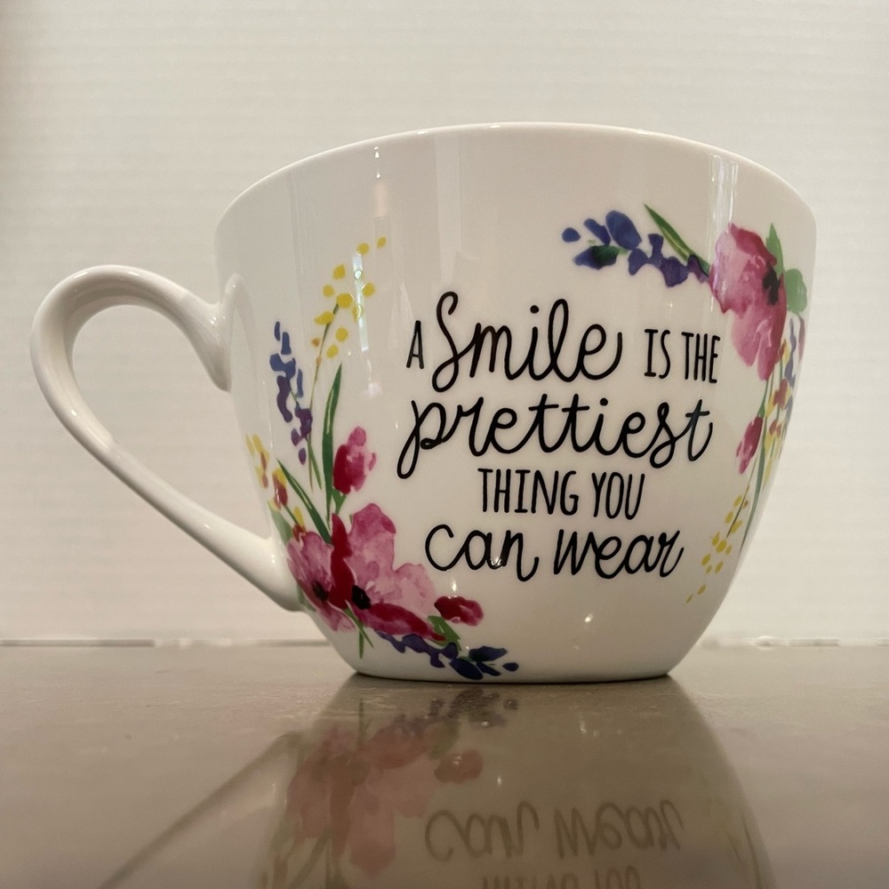 Floral White Ceramic Mug - A Smile is the Prettiest Thing You Can Wear